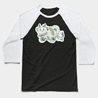 Cute Green Eyed Cat with Floral Patterns Baseball T-Shirt